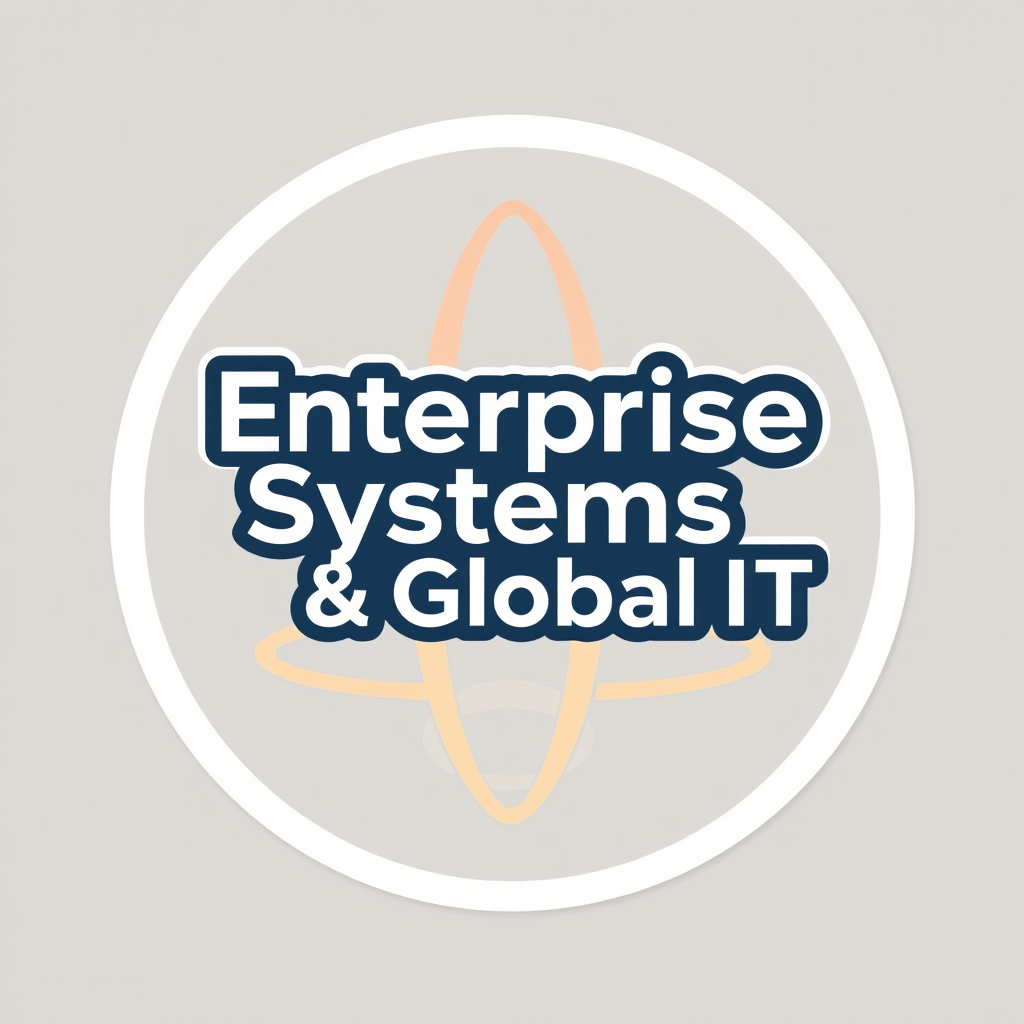 Create a full frame logo using the color palette for The Knot WW for the "Enterprise Systems & Global IT" team. Incorporate the text of the team name into the logo and make it stylistically representative of the team's functions. Transparent background and make it like a sticker.