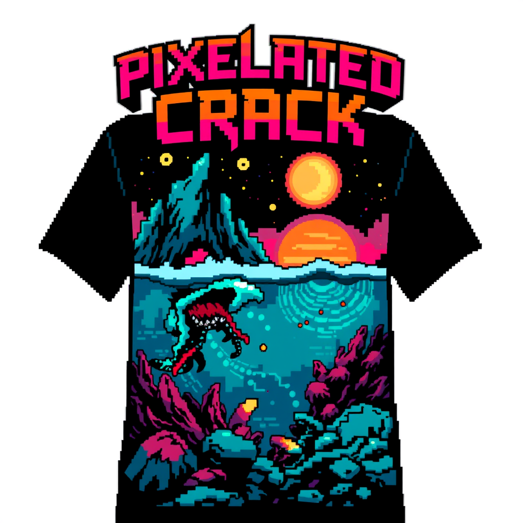 T-shirt design featuring a blocky, colorful 8-bit style of death metal blended with chiptune. The visual should be unique and striking, with a macabre blend of beauty. The band name is "Pixelated Crack," and the scene is inspired by the deep sea. - Image