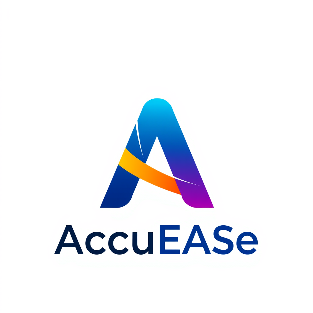 A logo named "AccuEASE" with the letter A has the color palette #0782d8, #1493dc, #1493dc, #44ccf4 and features an IT abstract expression with a transparent background.