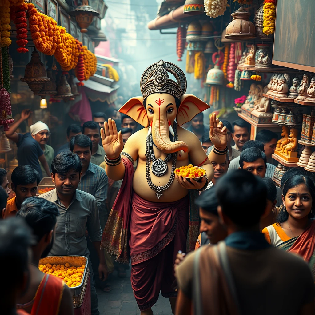 Create a 4K image using Unreal Engine, depicting Lord Ganesha as a real human god in the midst of a dense, bustling Indian market. Ganesha should be the same height as the surrounding people, blending seamlessly into the crowd, yet his divine presence subtly stands out. He is dressed in a blend of traditional dhoti and modern attire, with his human-like features reflecting a calm and joyful demeanor.

The market is alive with vibrant stalls selling marigold garlands, clay idols, sweets, and colorful decorations. The air carries a hint of dust, adding a layer of realism to the scene. People around him are frozen in a moment of surprise and awe, some smiling, others wide-eyed as they recognize the god among them. The vibrant colors of the market, the rich textures, and the interplay of light and shadow should be rendered in stunning detail, capturing the essence of an authentic Indian market with a touch of the divine.

Include subtle details like Ganesha reaching out for fresh flowers, examining the finest modaks, while the vendors and shoppers are caught off guard, their expressions a mix of reverence and disbelief. The overall atmosphere should be a blend of the divine and the everyday, creating a captivating and immersive scene, with people looking at Ganesha. - Image