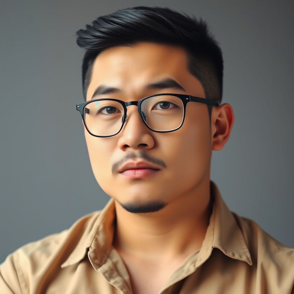 A stylish Chinese male portrait around 35 years old, with a neat and tidy crew cut hairstyle and a robust physique. He wears a pair of framed glasses and has a slightly rugged short beard on his chin. Dressed in a clean shirt, he exudes a hint of a rebellious swagger. His face is full, with moderately defined features, avoiding excessive thinness. - Image