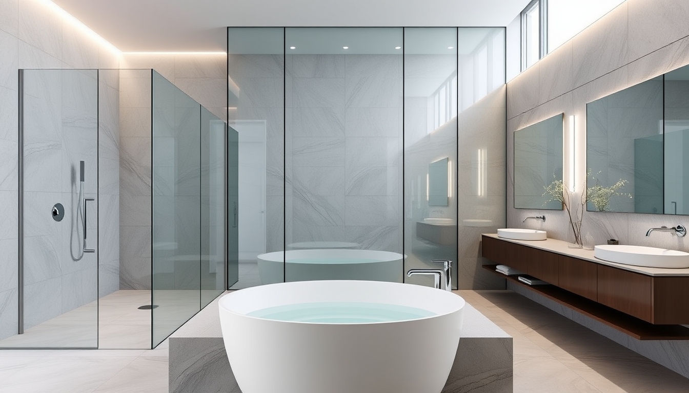 A sleek modern bathroom with glass walls and a luxurious soaking tub.