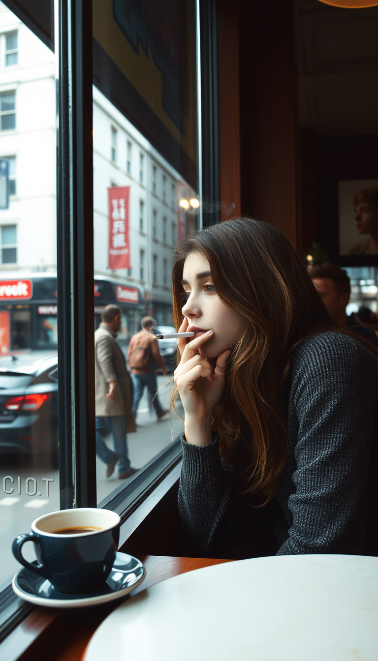 girl smoking a cigarette in a coffee shop overlooking a busy street