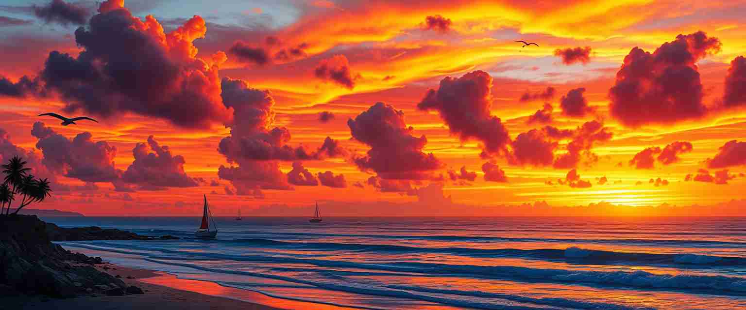 Dramatic, fiery sunset, colorful clouds, silhouettes, high quality, photorealistic, tranquil, evening sky, reflection, serene, coastal, panoramic, breathtaking::0.7 sailboats, palm trees, beachside bonfires, coastal cliffs, seashells, peaceful waves, seagulls. - Image