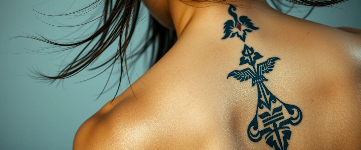 Close-up view of the tattooed back of the neck of a muscular Indian Korean woman with white skin, hair flying and sweating.