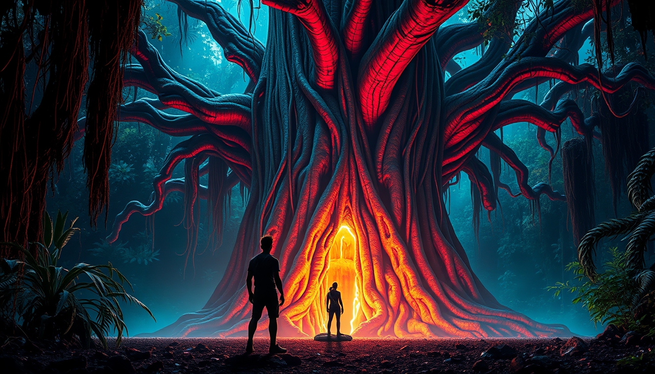 A majestic, ancient tree with roots that seem to pulse with energy appears. The protagonists stand in awe, and the tree glows softly, bathing the scene in a gentle, surreal light, enhancing the spiritual tone. Surreal and vivid, combining the raw, untamed beauty of the Amazon Jungle with otherworldly psychedelic visuals and futuristic, neon-lit cyberpunk elements. - Image