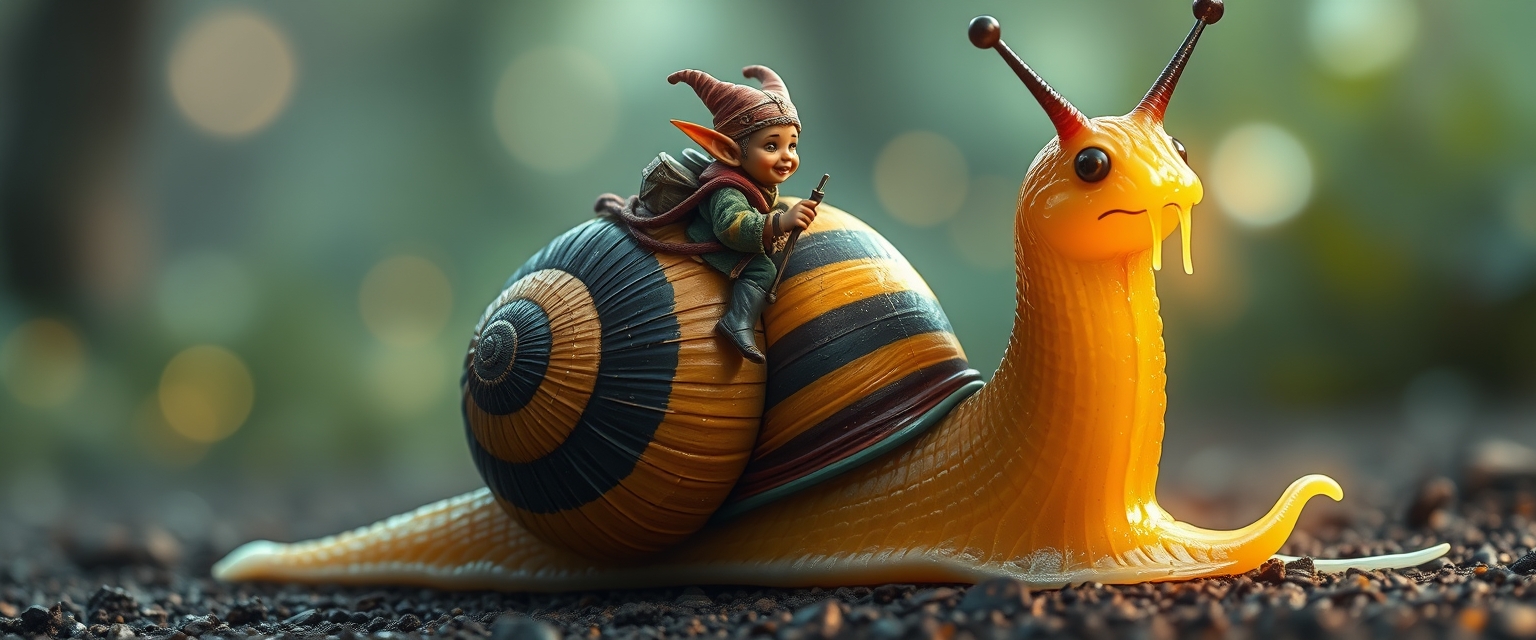 A tiny goblin jockey riding on the back of a giant snail, neon reins, the snail's shell is striped black and yellow, slime trail, neon bokeh, in the style of a fantasy painting.