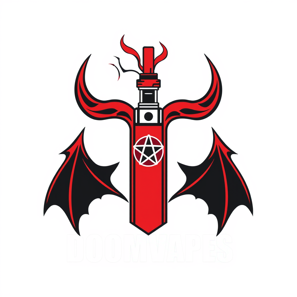 Sleek, minimalist logo for DoomVapes: stylized vape pen intertwined with demonic horns, emitting wispy smoke forming a subtle pentagram. Crimson and obsidian color scheme. Sharp, clean lines evoke modern tech and ancient occult symbols. Balanced composition exudes rebellious yet sophisticated atmosphere. - Image