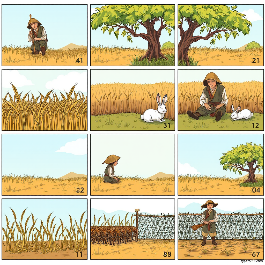 The image style is "cyberpunk," featuring an ancient farmer in a nine-cell sequence. The characters in each scene will all use the same farmer, ensuring that the face shape and clothing remain consistent throughout. 

Cell one: The farmer is harvesting wheat.  
Cell two: The farmer is sitting under a tree, a rabbit is rushing by.  
Cell three: The rabbit is lying on the ground.  
Cell four: The farmer sits under the tree.  
Cell five: The farmer sighs while sitting under the tree.  
Cell six: The farmer stares blankly at the sky.  
Cell seven: The crops have withered.  
Cell eight: The farmer is planting seeds in the field.