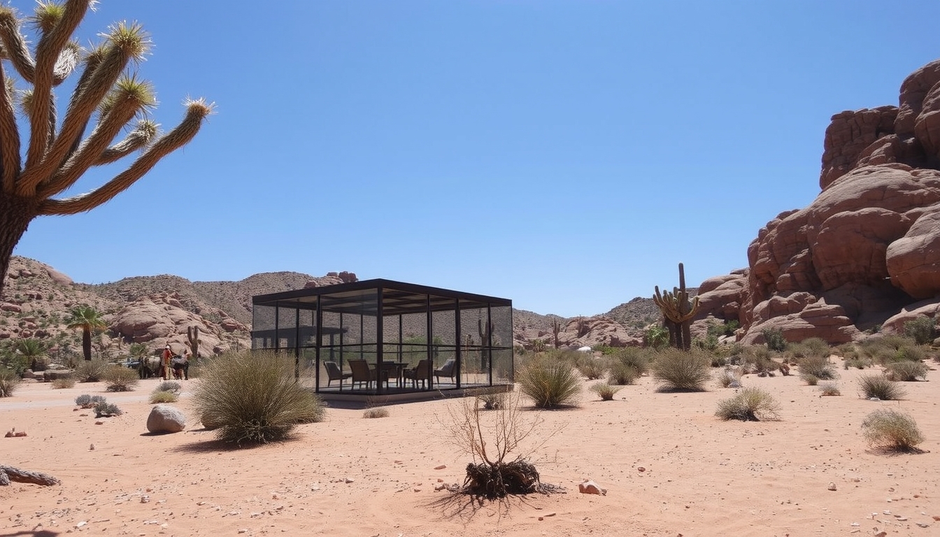 A dramatic desert landscape with a glass pavilion offering shade and shelter.