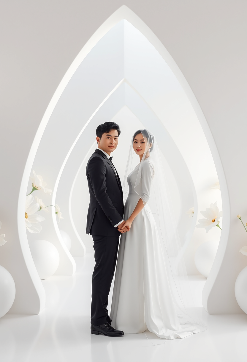 Full body shot, an Asian beautiful young couple standing between two symmetrical parametric white arches. They stand looking straight at the camera and holding hands. The girl wears a white wedding dress and a long big veil on her head, while the boy wears a black suit. The space around them features large white shapes and giant flowers. The floor is all white. The lighting is soft and natural, in the style of hyper-realism, symmetry, fantasy style, illustration, vector graphics, inspired by Peter Gric and Zaha Hadid, with soft edges and blurred details. It is high resolution, very detailed, with volumetric lighting, hyper-realistic, sharp focus, utilizing octane render, Unreal Engine, 3D, and redshift rendering --ar 2:3.