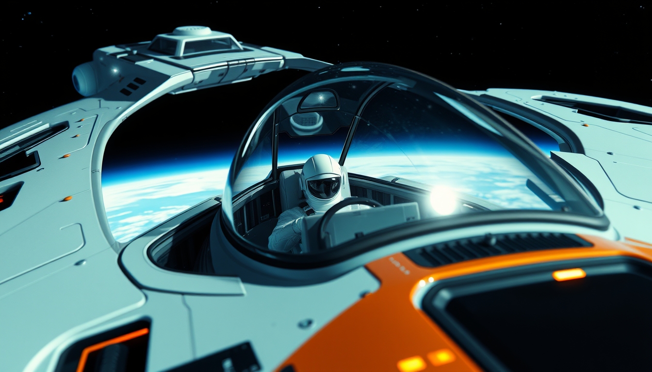 A futuristic spaceship with a glass cockpit, piloted by an astronaut in space.