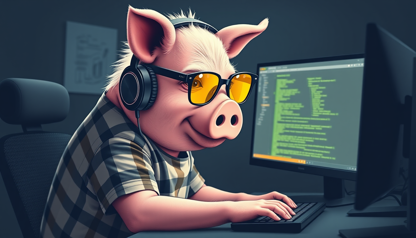 A tech-savvy pig coder, wearing yellow-tinted glasses and sleek noise-cancelling headphones, hunches over a cutting-edge multi-monitor setup. The anthropomorphic pig exudes focus, typing furiously. He is wearing a plaid t-shirt.