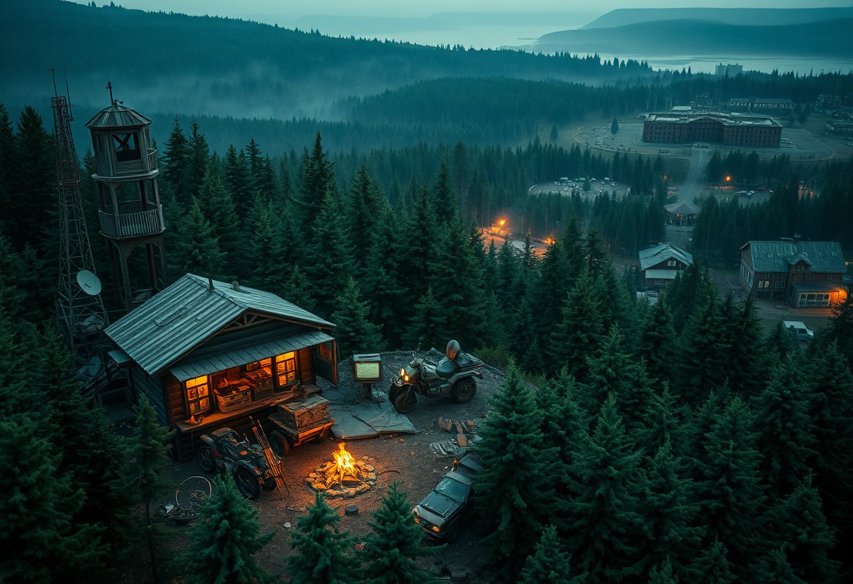 Photo realistic drone shot in a thick evergreen forest of a wooden outpost next to a cabin, a small campfire, a pile of rusty parts, some old motorbikes, an old makeshift armored vehicle mounted with a large machine gun and a makeshift rocket launcher, and a wooden watchtower all on a large hill with satellite dishes next to a radio tower, all in a hilly landscape. There are yellow, orange, red and faint green glows emitting from the cabin and the outpost. In one of the windows of the outpost, a pile of old retro electronic parts is visible. In another window, retro monitors are visible with screens that emit a green glow next to a small set of reel tape computers. In the distance, there is a large brutalist structure with different colored glows coming from a couple of its windows surrounded by some old military vehicles. In the distance in a different direction, there's an old overgrown town with brick buildings that's barely visible, with only faint glows emitting from a few of the windows and a small campfire barely visible. Sprinkled in the distance are small and slightly hidden outposts, old structures, radio towers, shacks, and watchtowers. The entire landscape is covered in a jungle of tall evergreen trees, with occasional wet gravel and rich dirt roads winding through. The weather is warm, rainy, and cozy under a cloudy sky with a post-apocalyptic atmosphere and retro liminal feeling to it. Faint explosions and gunshots in the far distance accompanied by dogfighting retro warplanes and drones. - Image