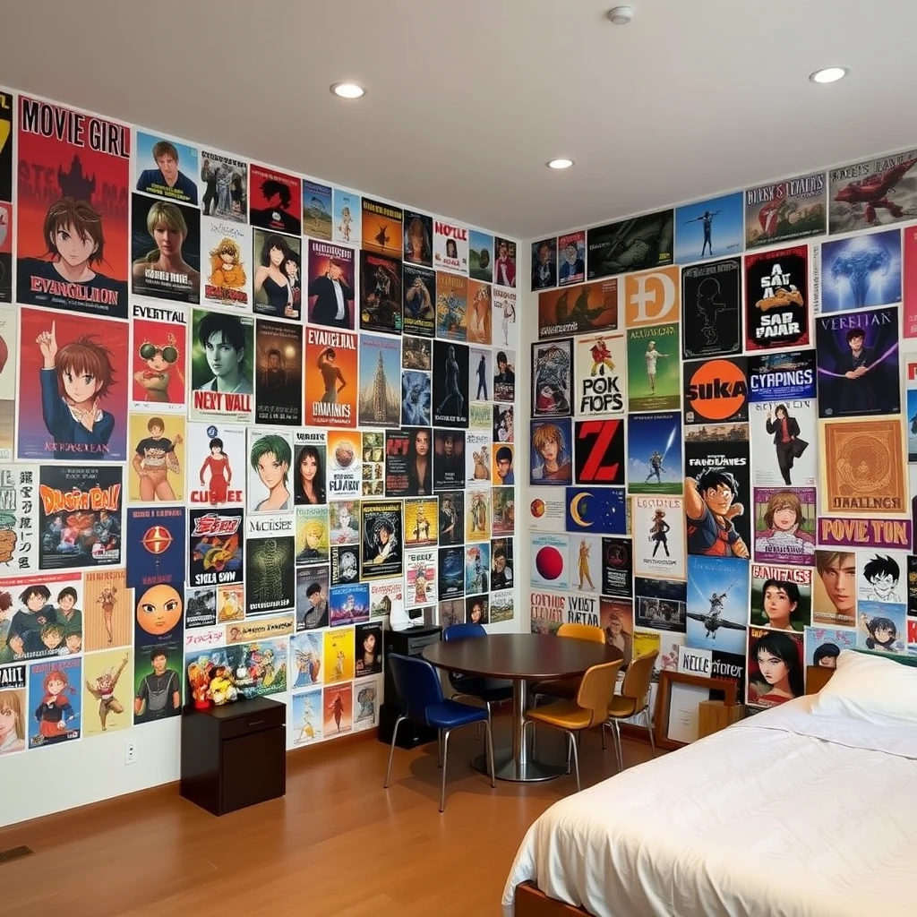 A very large room with one wall covered in many posters, including posters of 桂正和's "Movie Girl," "Neon Genesis Evangelion," "Dragon Ball," a poster of Asuka, and "Castle in the Sky." The room also has a bed and a table with chairs. - Image