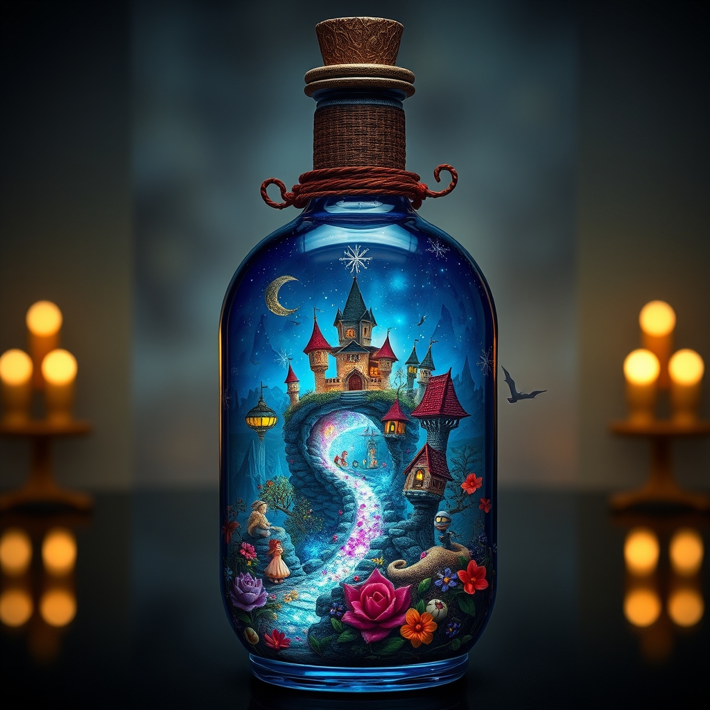 Best quality, reality-shot, realism, realistic photography of an elaborate bottle with whimsical elements, magical fairytale landscape, fantasy style art, dark blue theme, intricate details, ultra sharp, exquisite detail, flawless composition, vivid colors, masterpiece, exciting background.