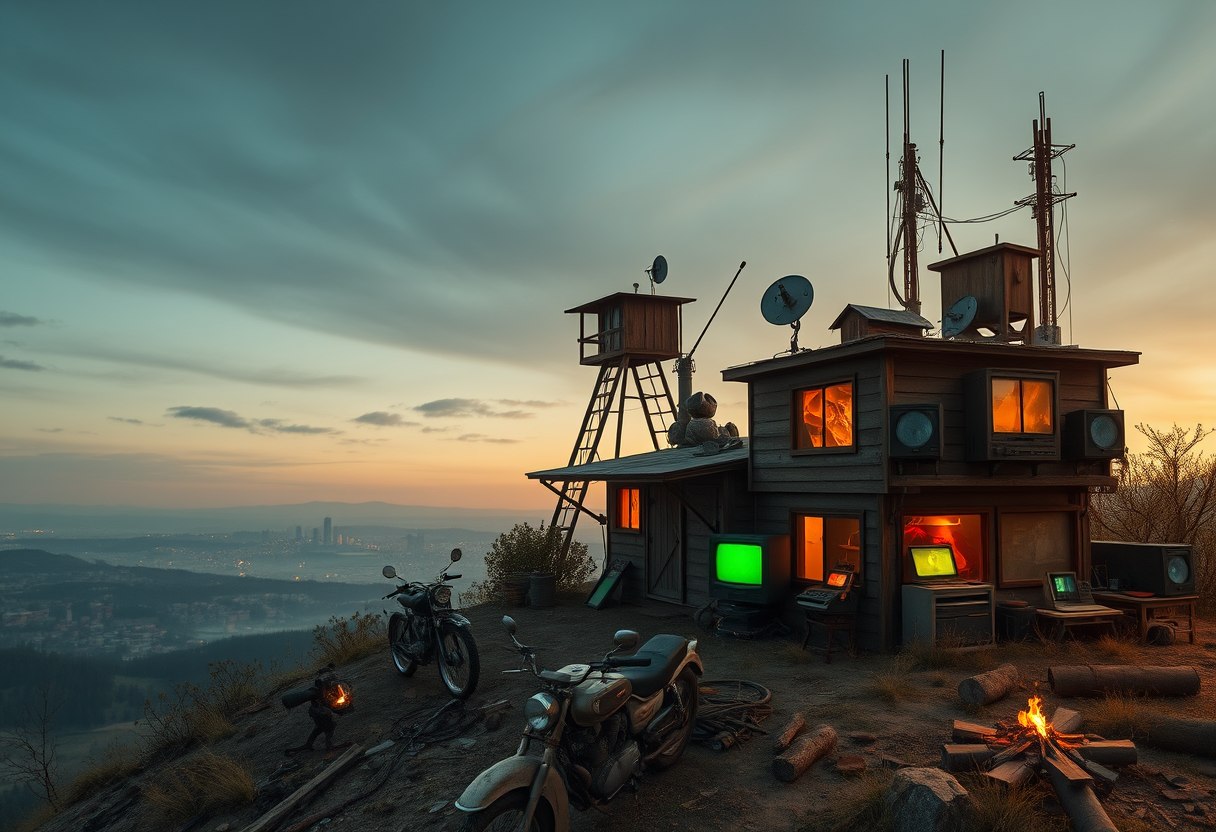 Photo realistic drone shot of a wooden outpost next to a cabin, a small campfire, a pile of rusty parts, some old motorbikes, an old makeshift armored vehicle mounted with a large machine gun and a makeshift rocket launcher, and a wooden watchtower all on a large hill with satellite dishes next to a radio tower, all in a hilly landscape. There are yellow, orange, red and green glows emitting from the cabin and the outpost. In one of the windows of the outpost a pile of old retro electronic parts is visible. In another window retro monitors are visible with screens that emit a green glow next to a small set of reel tape computers. In the distance there is a large brutalist structure with different colored glows coming from a couple of its windows surrounded by some old military vehicles. In the distance in a different direction there’s an old overgrown town with brick buildings that’s barely visible, with only faint glows emitting from a few of the windows and a small campfire barely visible. Sprinkled in the distance are small and slightly hidden outposts, old structures, radio towers, shacks, and watchtowers. The entire landscape is covered in a jungle of tall evergreen trees, with occasional wet gravel and rich dirt roads winding through. The weather is warm, rainy, and cozy under a cloudy sky with a post-apocalyptic atmosphere and retro liminal feeling to it. - Image