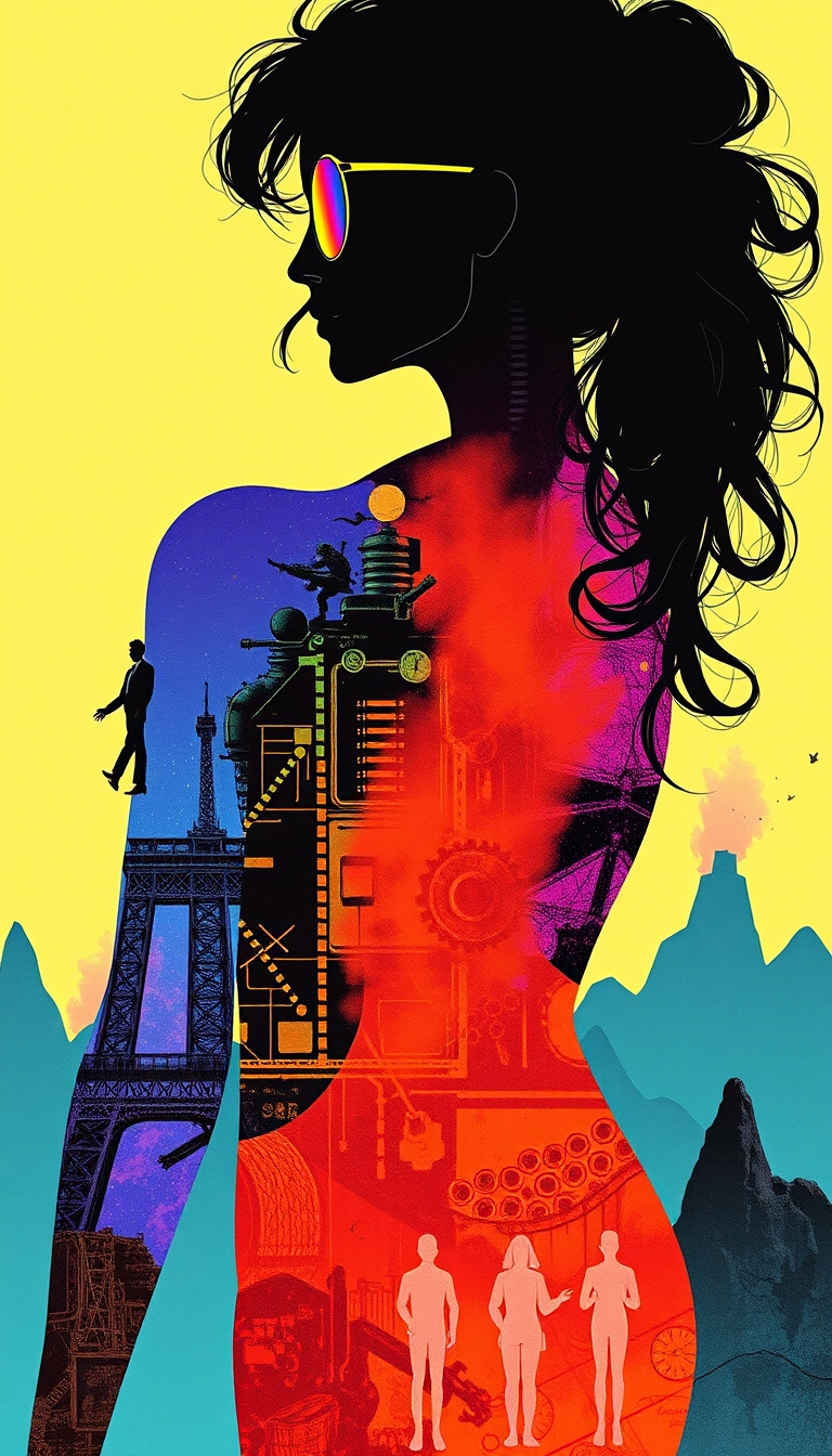 Vibrant silhouette of a fashion model beauty, rainbow girl with nice curves, a little man falling from her hand, perspective pop rock, fluorescent collage, sci-fi steampunk machinery, extra dust particle cloud, octane render, and paper art, ink art, Méliès, Jules Verne, big eyes creature from hell, burning mountain, minimalist illustration. - Image