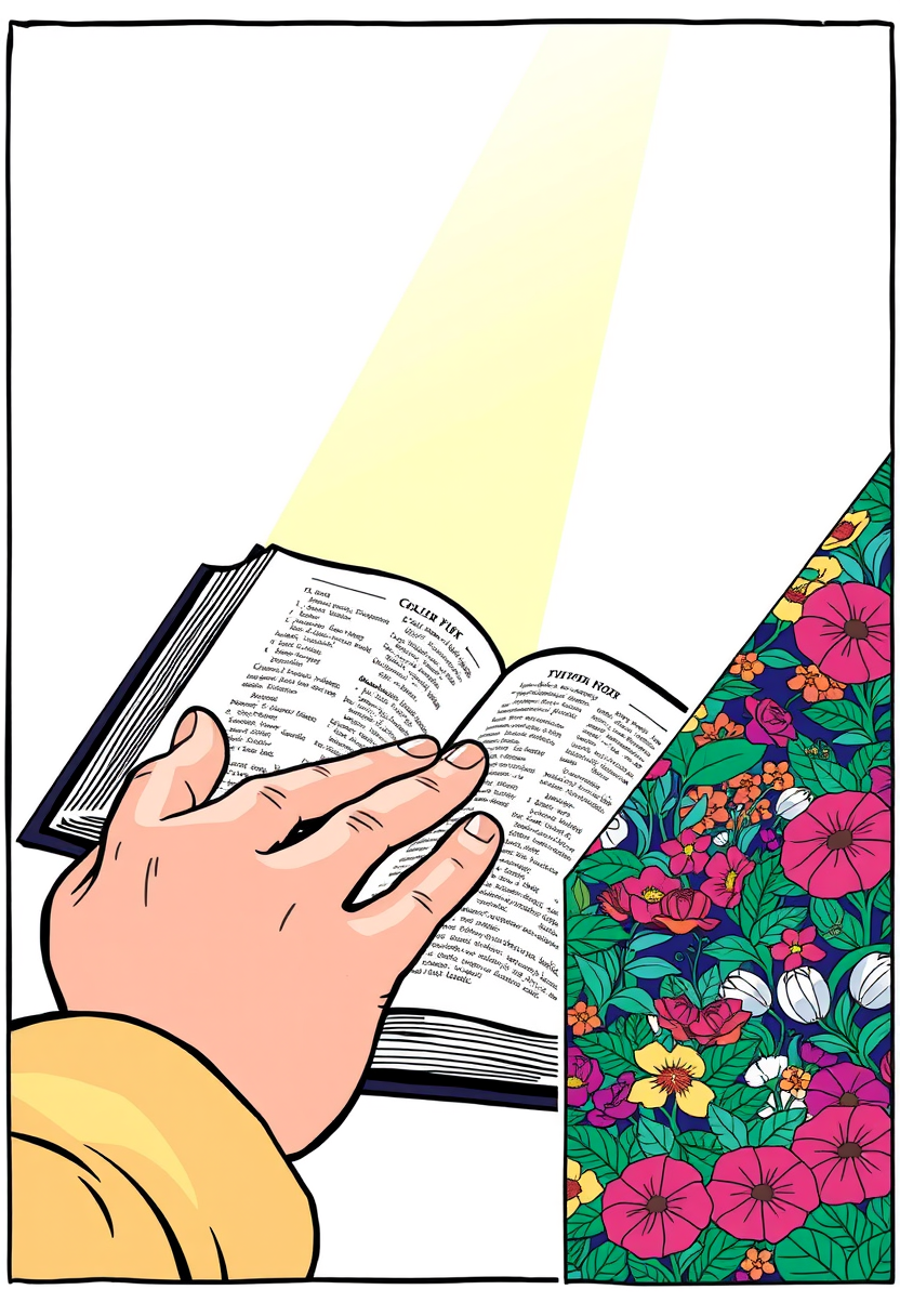 Depict a close-up of a person's hands holding an open Bible, with light shining on the pages. A coloring book page, cartoon style, thick lines, low details, no shading. On the right, the same illustration with vivid color. - Image