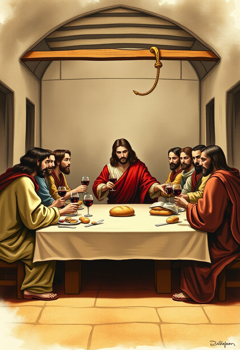 Depict the Last Supper with Jesus and his disciples gathered around a table, sharing bread and wine in a solemn atmosphere. - Image