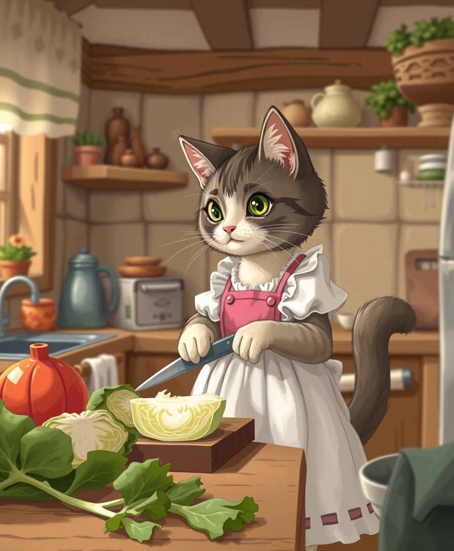 An anthropomorphic cute cat in a house dress is chopping cabbage in the cozy kitchen of her country house. - Image