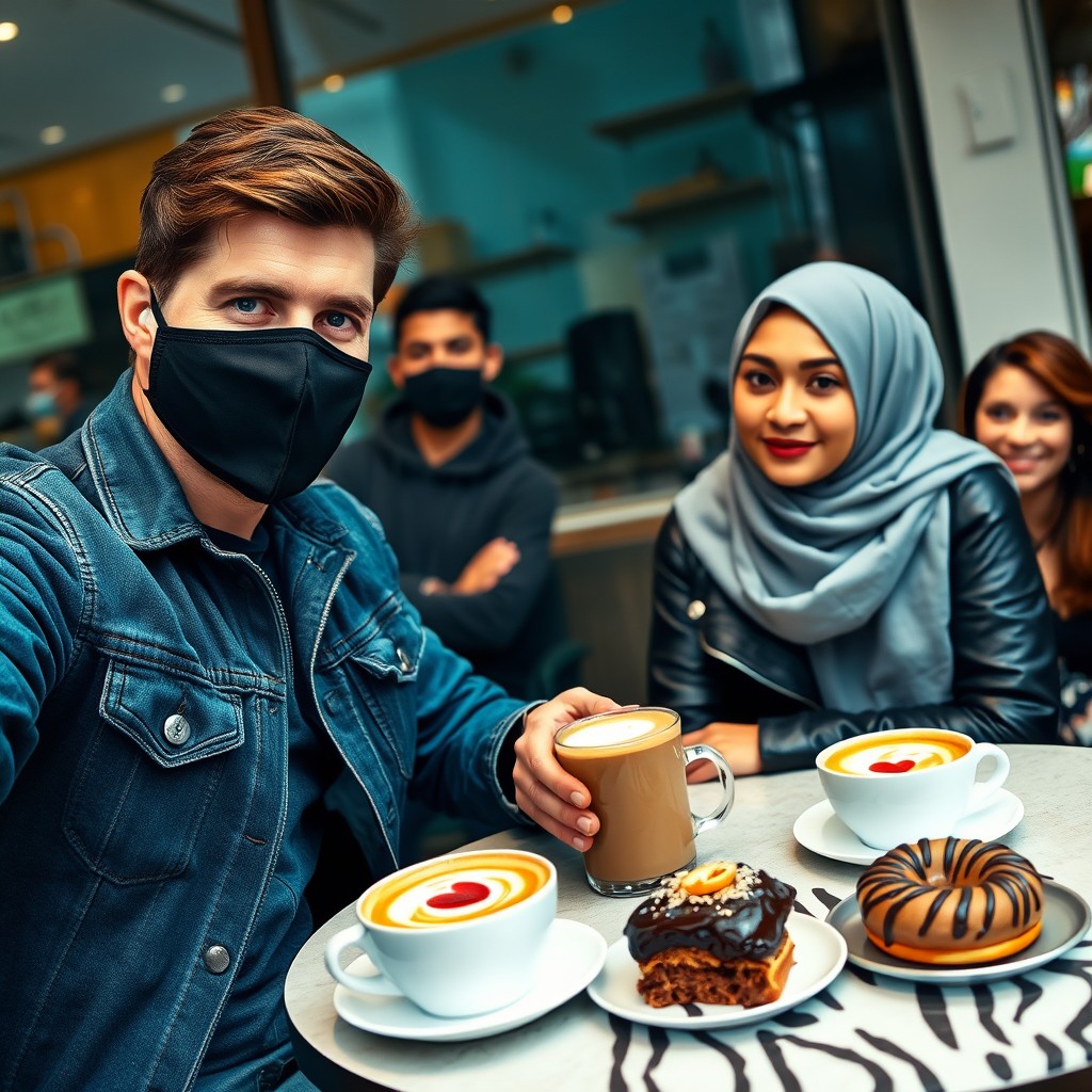 Jamie Dornan's head and body shot, handsome, black face mask, blue jeans jacket, jeans, dating a lovely Muslim girl in a grey hijab with beautiful eyes, black face mask, black leather jacket, wearing the biggest zebra pattern skirt, at a cafe, with 2 cups of latte, muffin cake, and chocolate donut on a table, along with another 3 friends smiling in the background, photorealistic, hyper-realistic, street photography, selfie. - Image