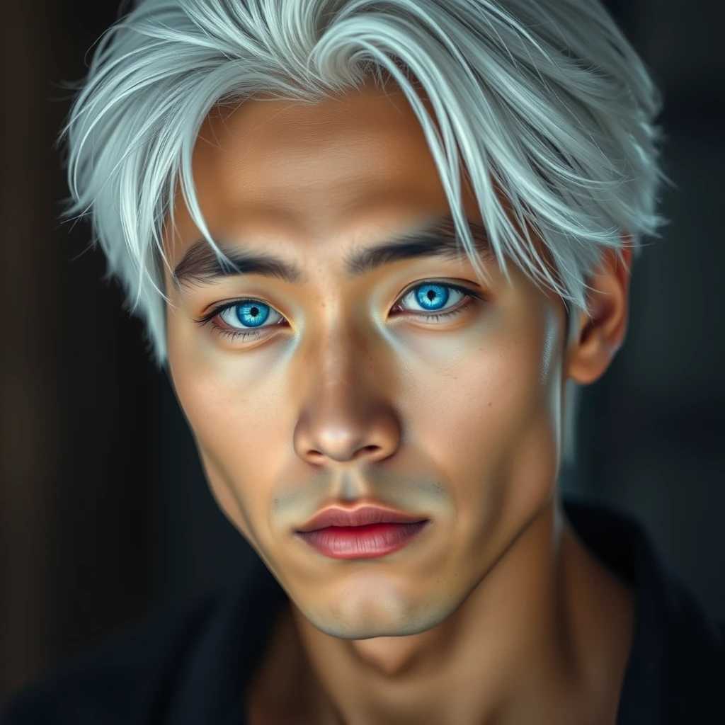 Asian guy with white hair and blue magical eyes, realistic RAW photo, guy looking at the camera, realistic skin, realistic human face.