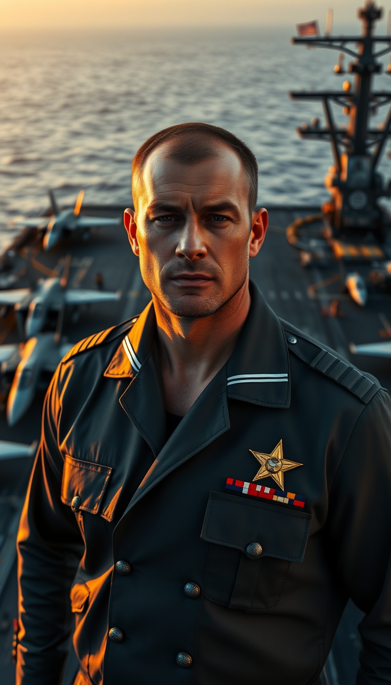 Main Character: A handsome and strong American admiral, appearing younger than his 40s, with a rugged yet distinguished face and a confident demeanor. He's wearing a crisp, perfectly fitted U.S. Navy Admiral uniform, complete with all the appropriate decorations and insignia. His posture is straight and proud, reflecting his authority and experience.  
Background: The vast deck of a modern American aircraft carrier at sea. The background should feature the various intricate details of the carrier deck, such as fighter jets, crew members going about their duties, and the vast expanse of the ocean. The scene should be bathed in the warm, golden light of either sunrise or sunset, creating a dramatic and visually stunning backdrop.  
Visual Style: Professional, cinematic photography, focusing on sharp details, realistic textures, and a deep, rich color palette. The vastness of the carrier and the ocean should be emphasized, creating a sense of scale and grandeur. The admiral should be the clear focal point, his strong presence commanding attention against the impressive backdrop. The image should evoke a sense of power, duty, and the immense responsibility that comes with his rank. Aim for a style similar to renowned war photographers or National Geographic. - Image