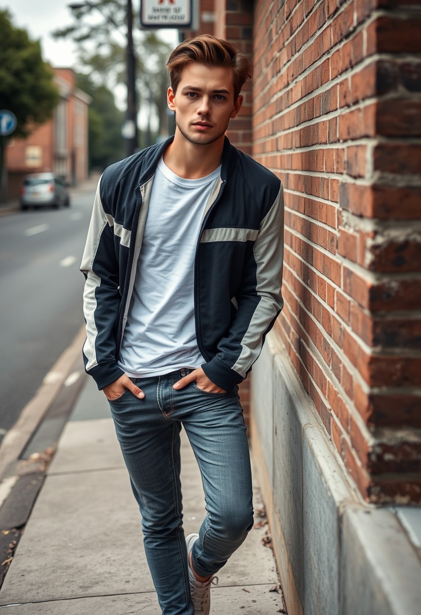 Jamie Dornan head and body shot, handsome, young, serious face, dark brown hair, white T-shirt, collage jacket, skinny jeans, sneakers, standing in a hot style, making pouting lips, near town road, leaning against wall, hyper-realistic, street photography, brick wall, full body photo. - Image