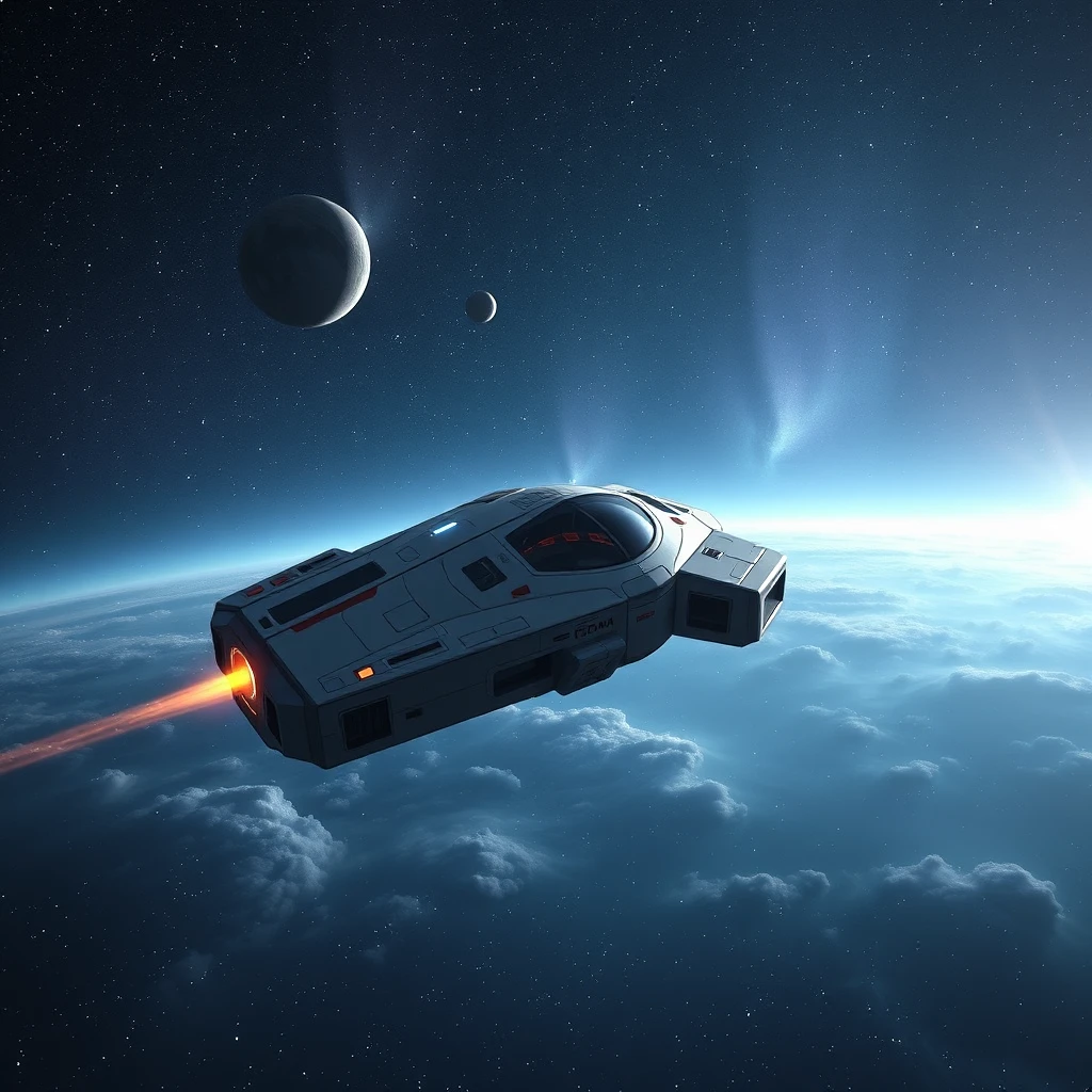 Image of a game pod flying through the vast universe. - Image