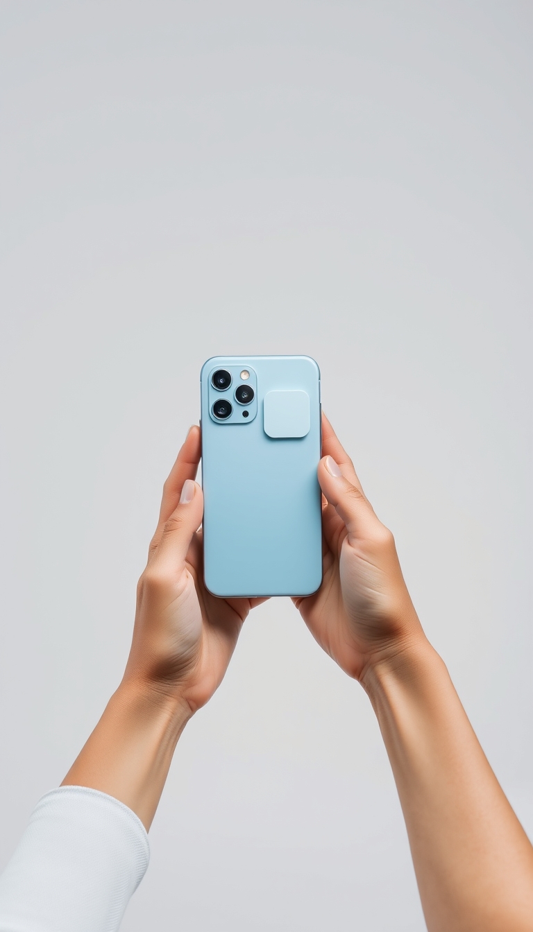 A marketing image showing a person holding a light blue smartphone with a rectangular attachment on the back. The phone has three camera lenses in the upper corner. The background is minimalist and light gray, creating a clean and modern aesthetic. The person's hands, slightly tan, hold the phone in a landscape orientation, as if taking a photo or video. - Image