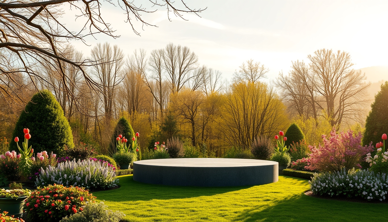 Serene Garden Podium with Spring Background Under Morning Light