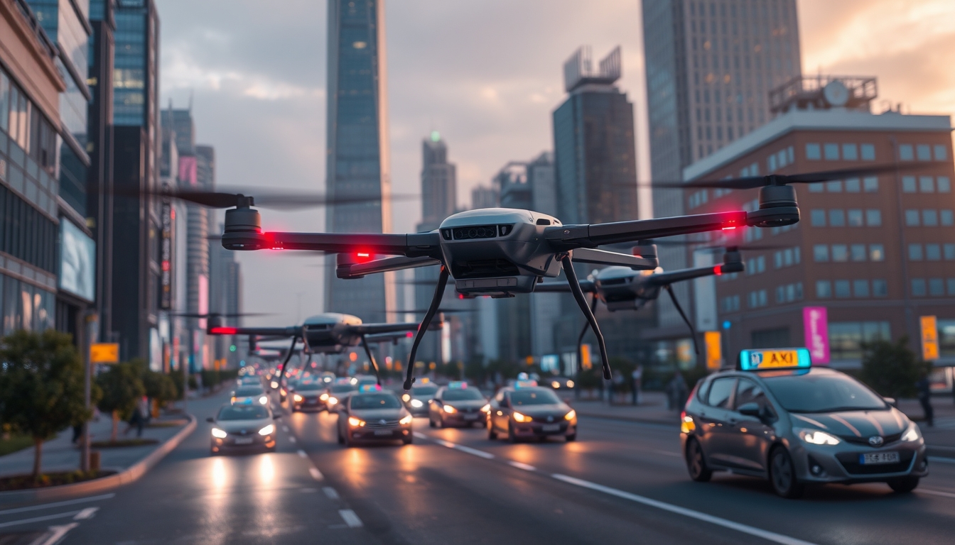 Autonomous drone taxis in a futuristic city, illustrating advanced transport.