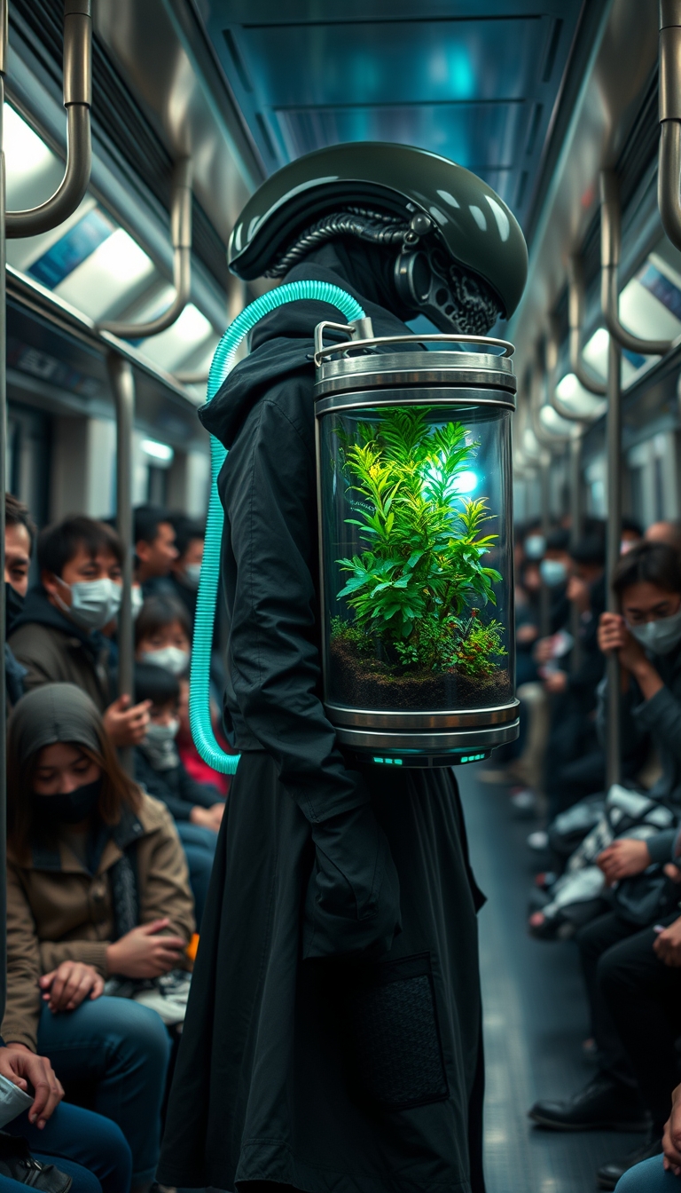 Image of a humanoid xenomorph wearing a long jacket in a crowded subway train, with a transparent, cylindrical backpack terrarium filled with neon lush greenery and small plants. The terrarium has metallic accents and a neon hose connected to it, giving it a futuristic look. The subway is filled with human passengers, many of whom are wearing masks and holding onto the handrails. The setting is busy and urban, highlighting a contrast between the natural elements in the terrarium and the modern, bustling environment. --ar 3:4 --style raw --s 750 --v 6.0 - Image