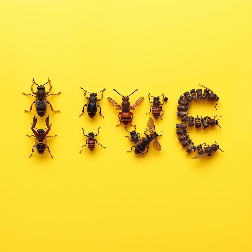 A typo "I" made of insects, yellow background, realistic photograph. - Image