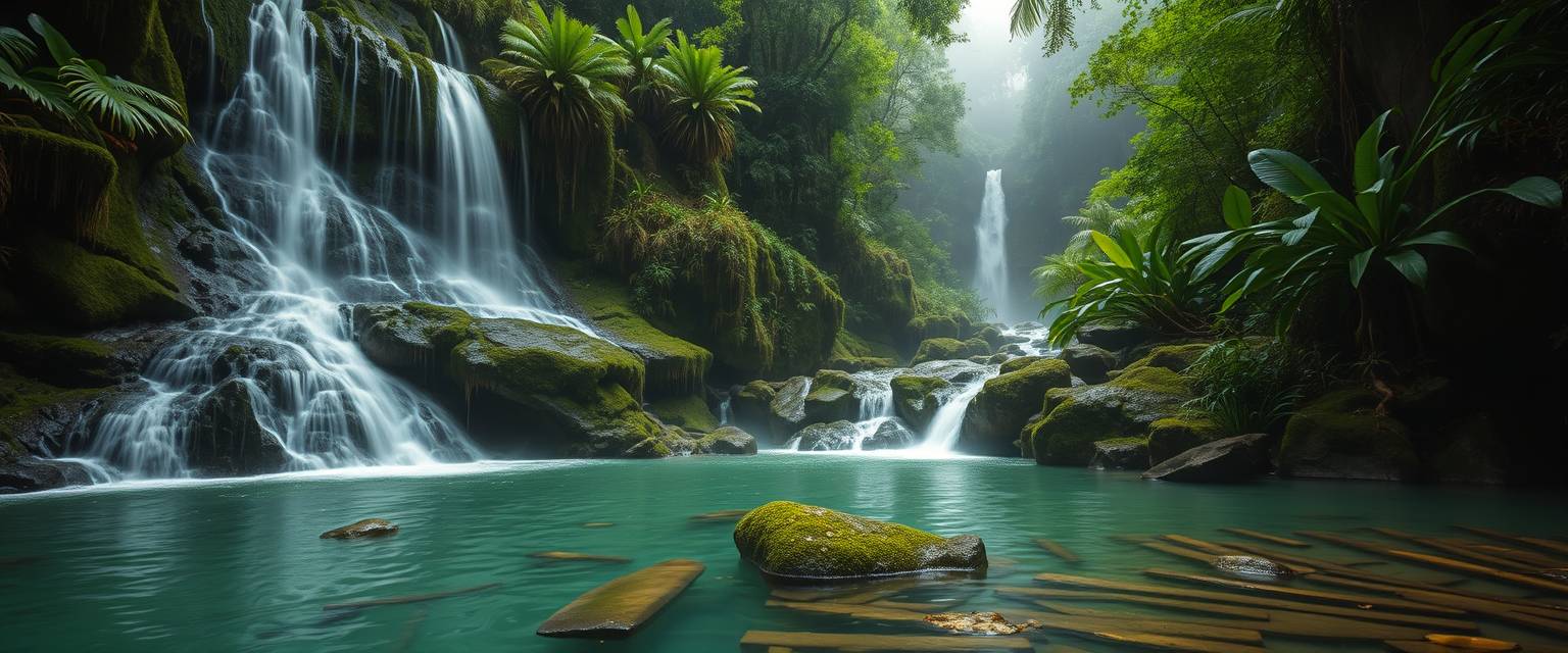 waterfall, cascading, clear water, lush greenery, high quality, photorealistic, hidden oasis, serene, rainforest, breathtaking, secluded moss-covered rocks, tropical plants, natural pools, jungle trails, mist,