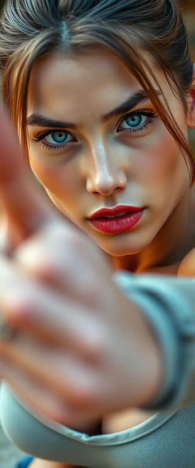 Close-up shot of muscular white-skinned Korean Indian women with beautiful facial features and blue eyes staring at the camera in an arrow pose.