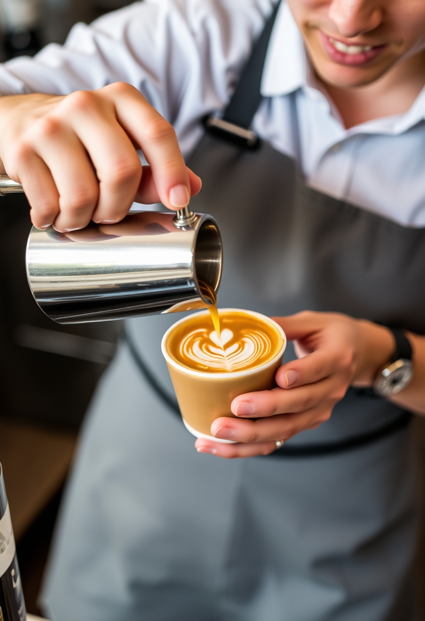 Barista pouring latte art into a coffee cup, highlighting the skill and artistry in coffee making. - Image