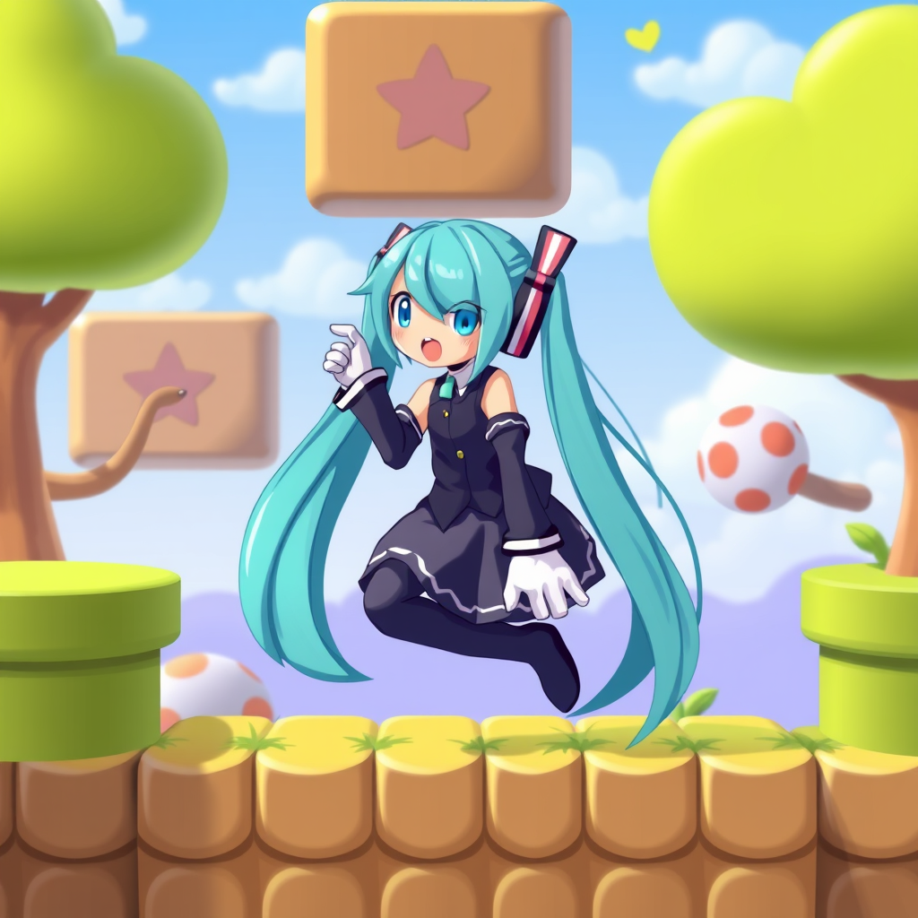 Hatsune Miku in a Super Mario game, 2D game.