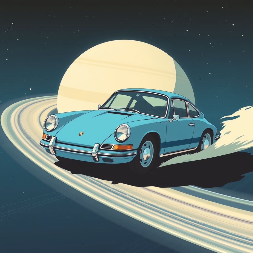 Scene in the style of vintage anime depicting an old light blue Porsche 911 drifting across Saturn's ring with stars in the background. - Image