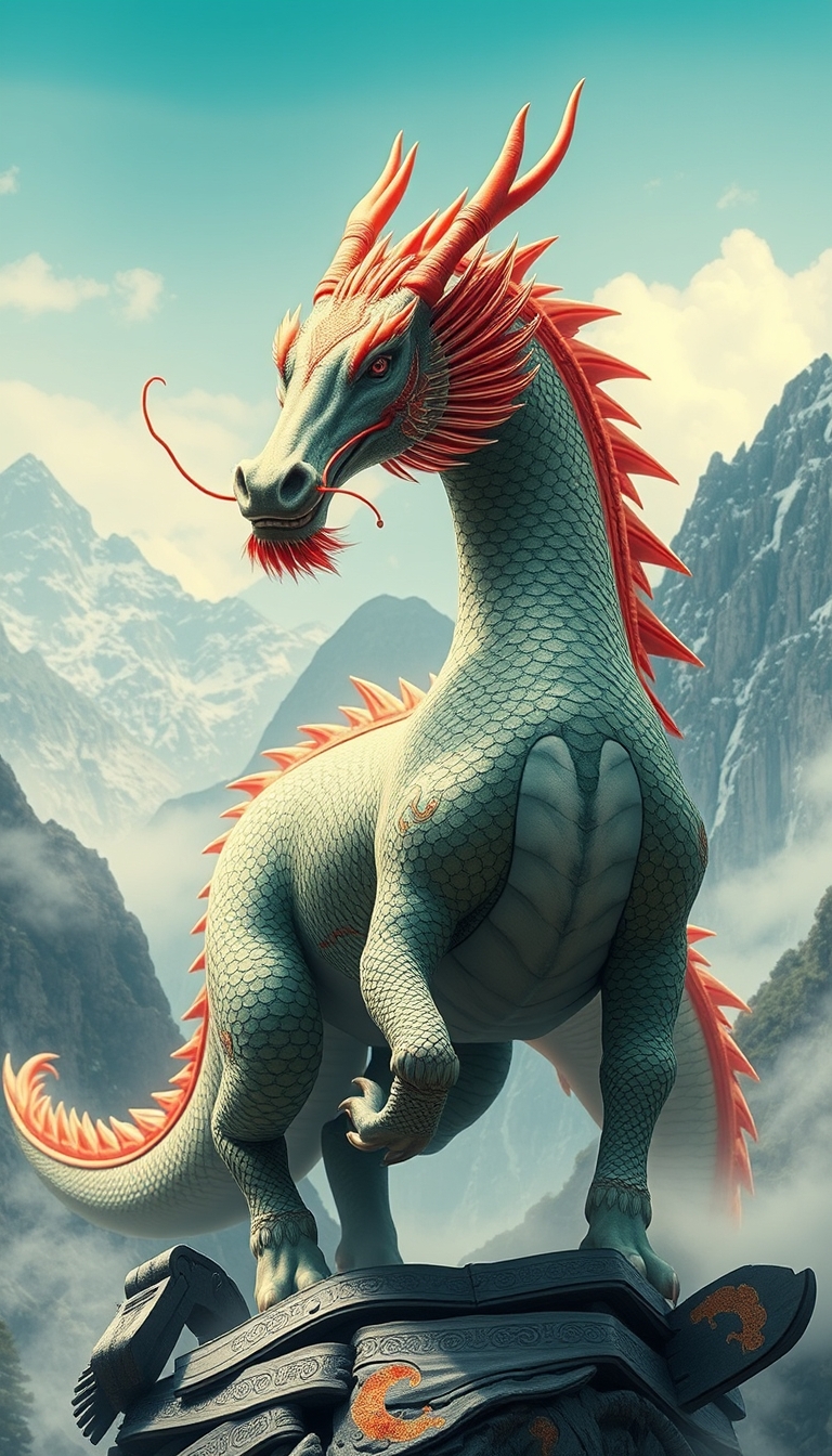 (ultra realistic) an oriental dragon combined with horse body, in China mountain background.