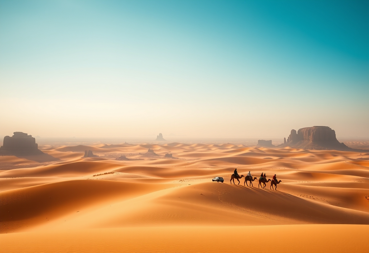 Vast, arid desert, golden sand dunes, endless horizons, high quality, photorealistic, tranquil, remote, camel caravan, nomadic, breathtaking, clear blue sky, oasis, solitude::1.2 cacti, desert flowers, rugged rock formations, starry nights, sandstorms, ancient ruins, dune bashing