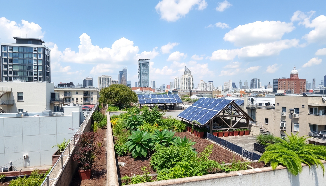 Urban rooftop gardens with solar panels, illustrating sustainable living.