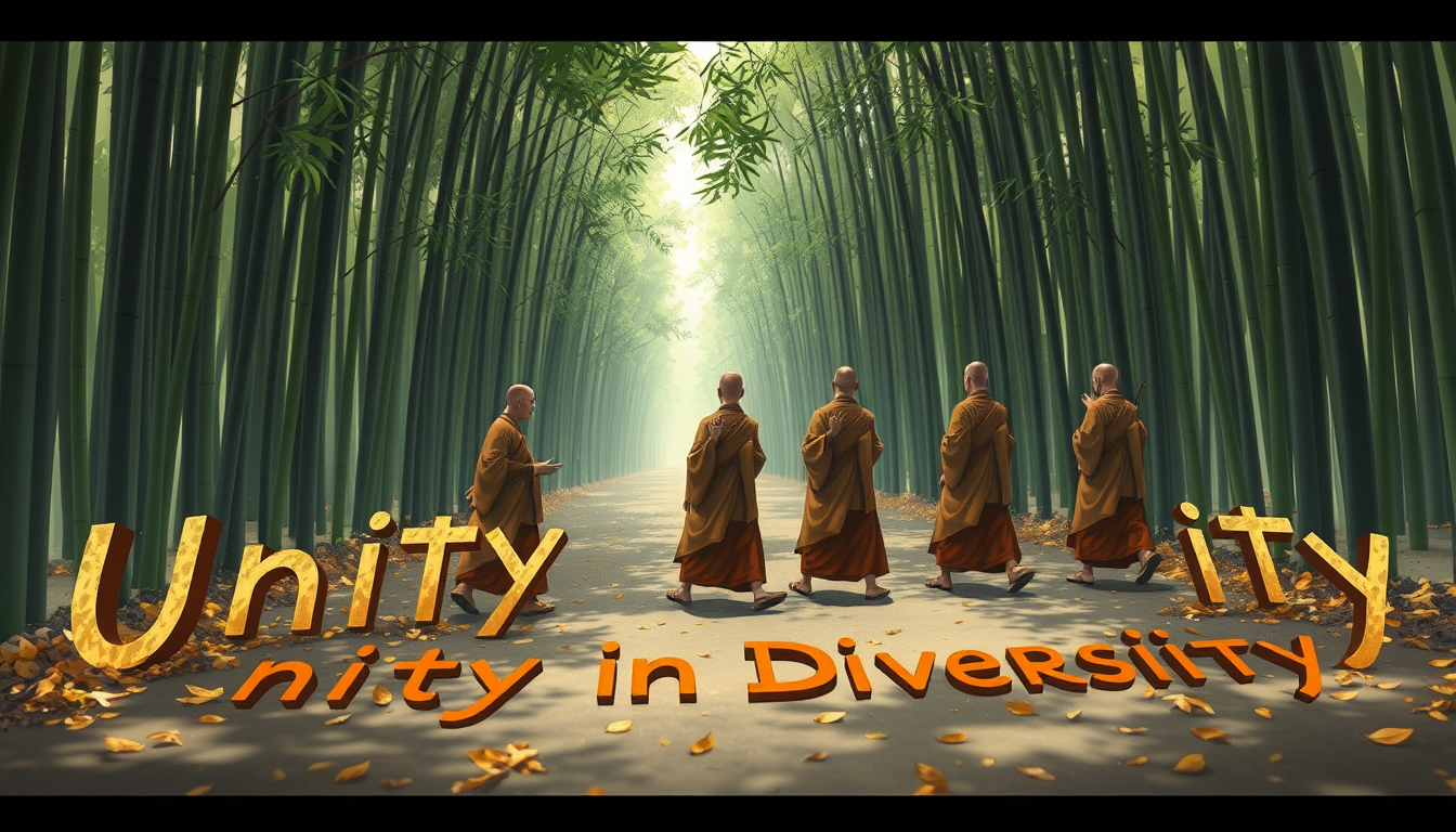 Anime of Sweep across a line of monks walking in a bamboo forest. As each monk passes, leaves fall to form the words "Unity in Diversity" in their wake. - Image