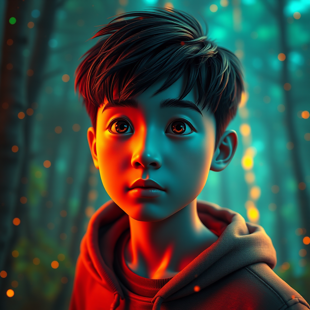 portrait | wide angle shot of eyes off to one side of frame, lucid dream-like 3d model of Asian boy, game asset, blender, looking off in distance ::8 style | glowing ::8 background | forest, vivid neon wonderland, particles, blue, green, orange ::7 parameters | rule of thirds, golden ratio, asymmetric composition, hyper-maximalist, octane render, photorealism, cinematic realism, unreal engine, 8k ::7 --ar 16:9 --s 1000