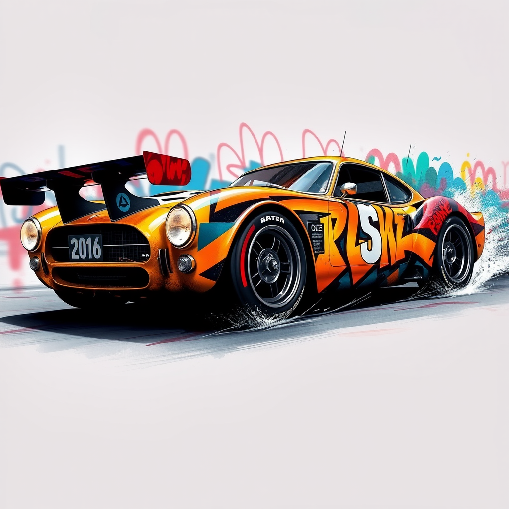 Stunning art in the style of dynamic street graffiti, showing an elegant racing car in motion, painted in bright colors, illuminated by soft diffused light. - Image