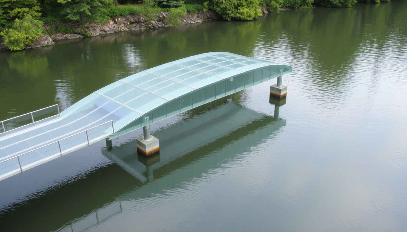 A serene river scene with a glass-bottomed bridge crossing over it.