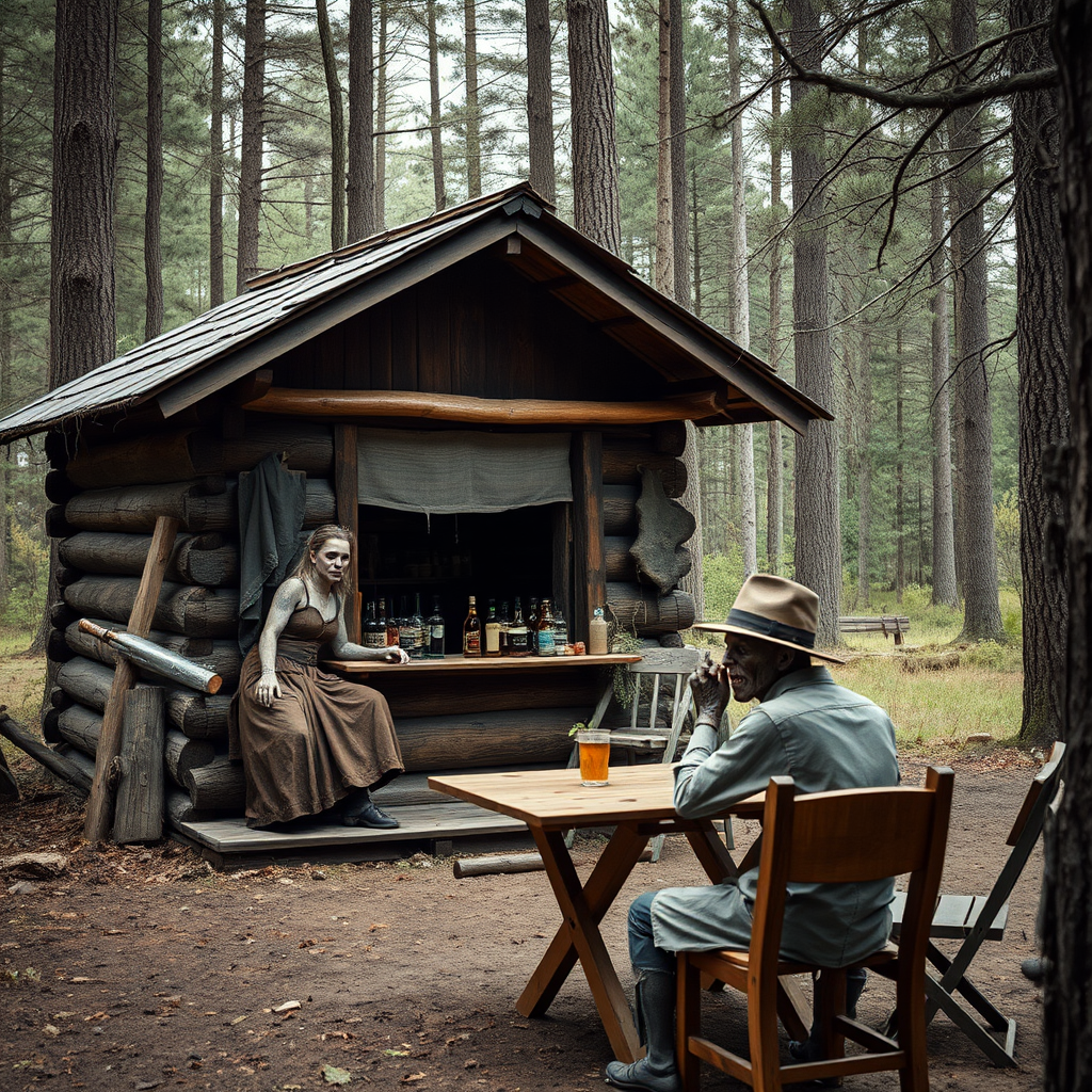 Real-life photography, long shot: In the forest, there is a wooden cabin where a female barbarian is selling alcohol, and a dressed zombie comes to buy some. Next to the cabin, there are a table and two chairs, with a zombie wearing a hat sitting and drinking. - Image