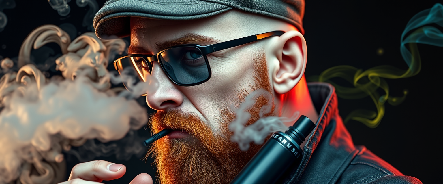 Three-quarter view of a sinister, bald human male with demonic features. Short ginger beard contrasts with dark eyebrows. Wears a weathered flatcap and reflective aviator glasses. Clutches a sleek vapemod, exhaling dense, swirling vapor clouds. Vibrant, e-liquid drips off his pale skin, creating a colorful aura. Hyper-realistic, high detailed. - Image