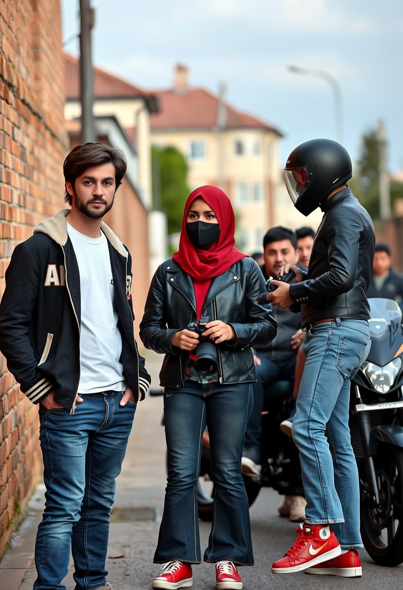 Jamie Dornan and Freddie Prinze, head and body shot, handsome, young, serious face, dark brown hair, white T-shirt, collage jacket, skinny jeans, sneakers, standing, discussing with two guys and a young Muslim girl wearing a short red hijab, beautiful eyes, black face mask, black leather jacket, bell-bottom jeans, red sneakers, holding a Canon DSLR camera, near a town road, superbike, hyper-realistic, street photography, brick wall, full body photo, and three other random friends in the background.